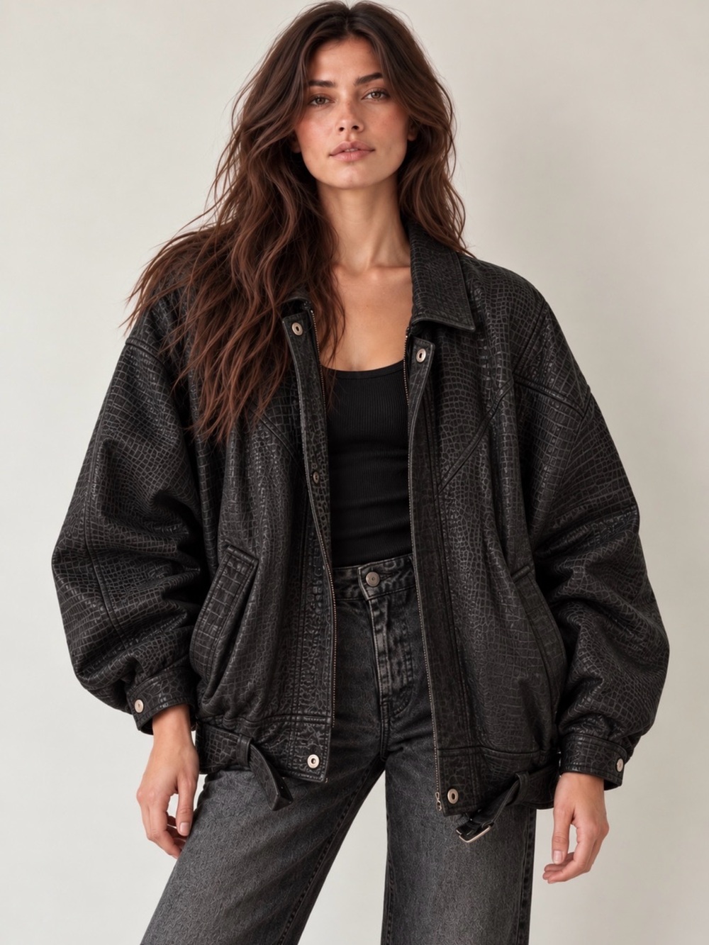 Vintage Black Croc-Embossed Genuine Leather Bomber Jacket Medium Oversized